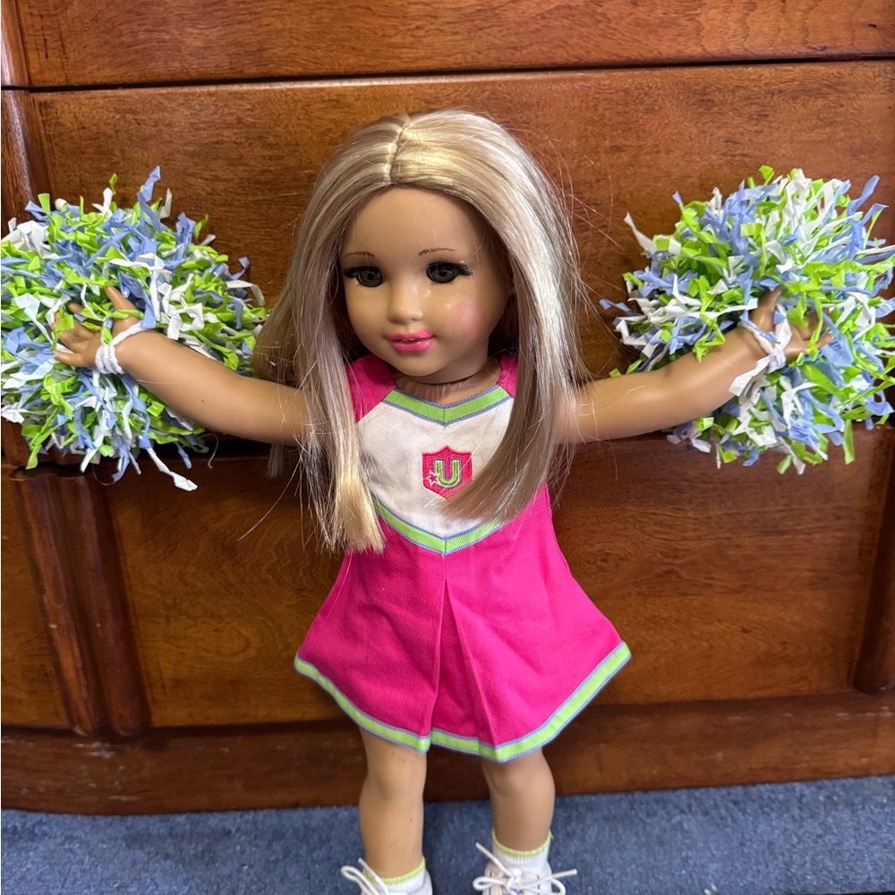 American Girl Cheerleader Doll in Pink and Green Outfit, comes with 3 other out
